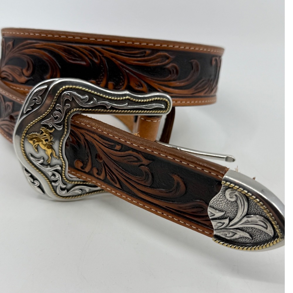 Tony Lama Mens Brown Tooled Leather Western Belt Silver Gold Bronc Buckle Sz 4